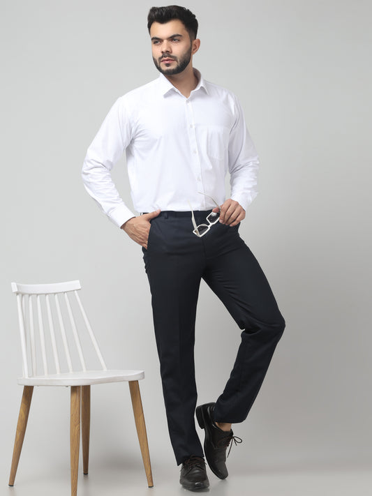 Men's Blue Self Design Regular Fit Formal Trouser