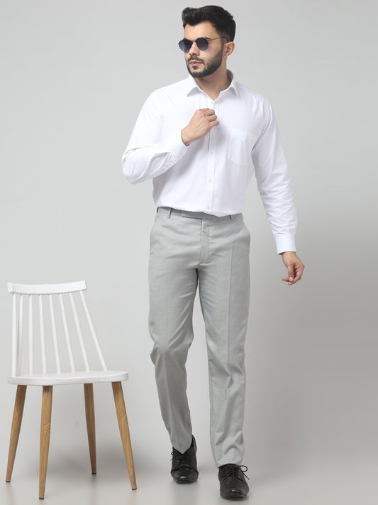 Men's Gray Self Design Regular Fit Formal Trouser