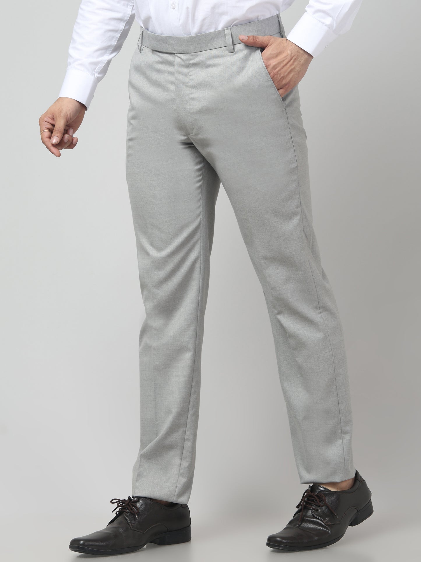 Men's Gray Self Design Regular Fit Formal Trouser