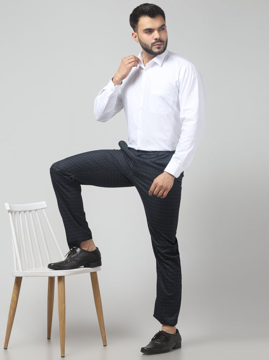 Men's Navy Blue Checked Regular Fit Formal Trouser