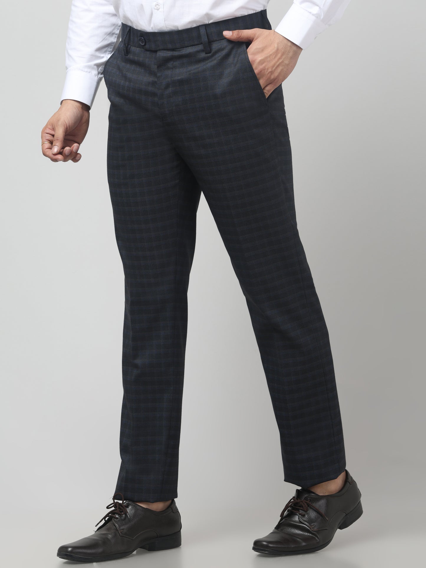 Men's Navy Blue Checked Regular Fit Formal Trouser