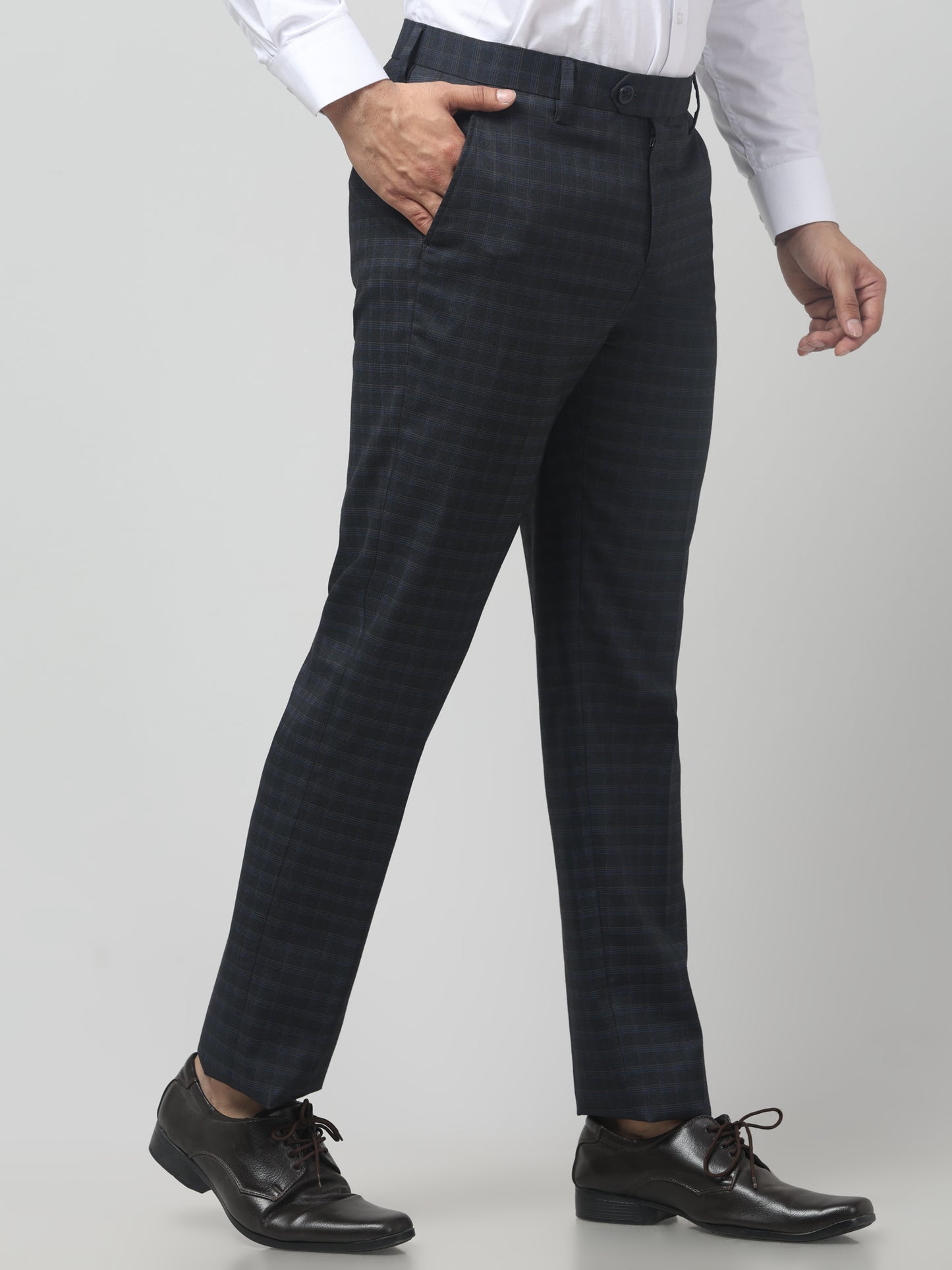 Men's Navy Blue Checked Regular Fit Formal Trouser