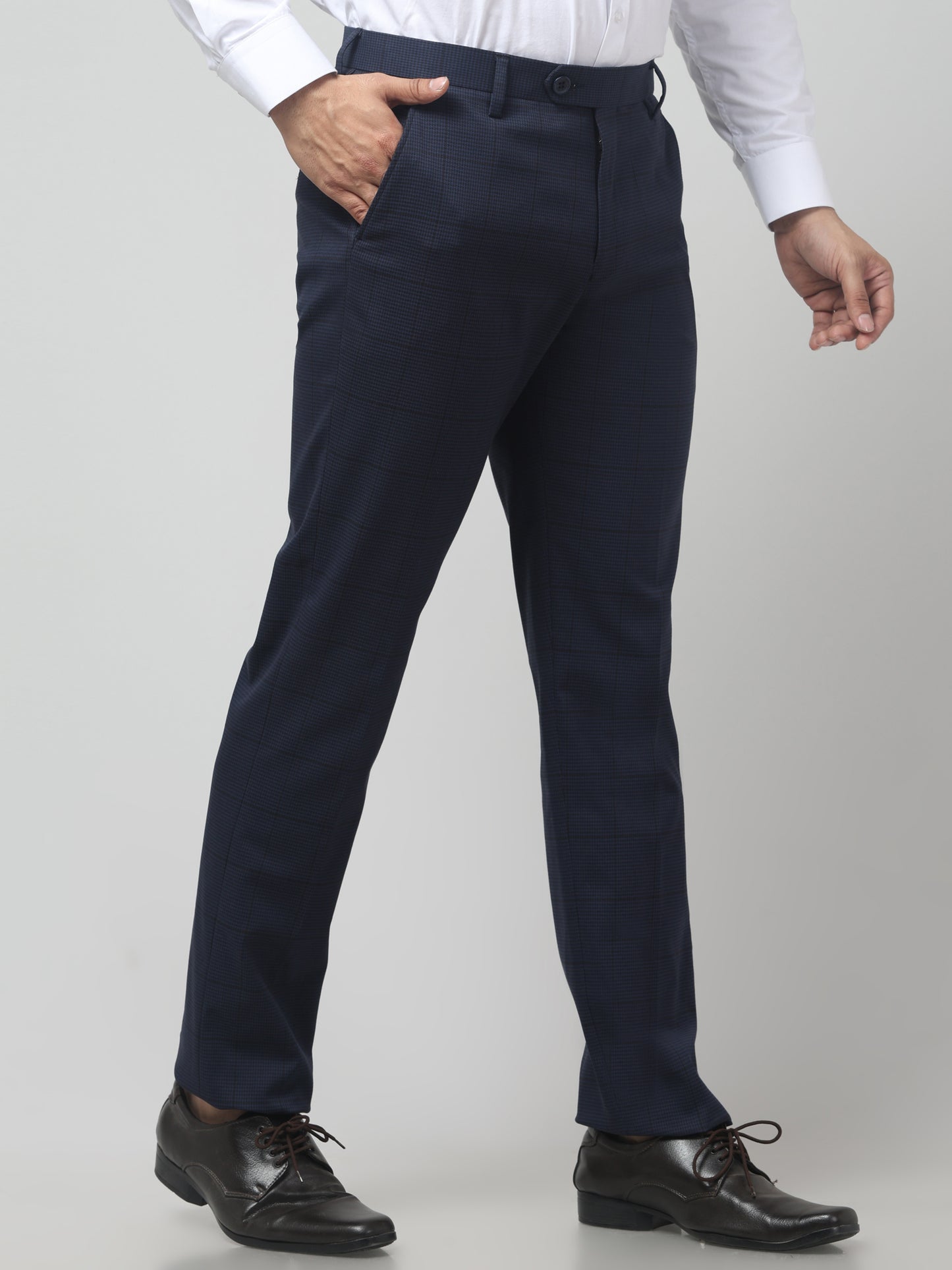 Men's Dark Blue Checked Regular Fit Formal Trouser