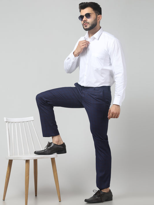 Men Blue Checked Regular Fit Formal Trouser