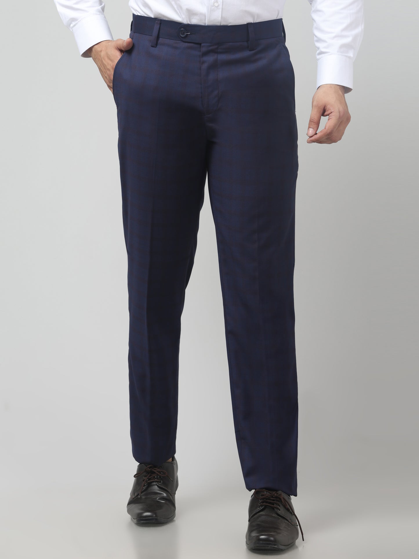 Men Blue Checked Regular Fit Formal Trouser