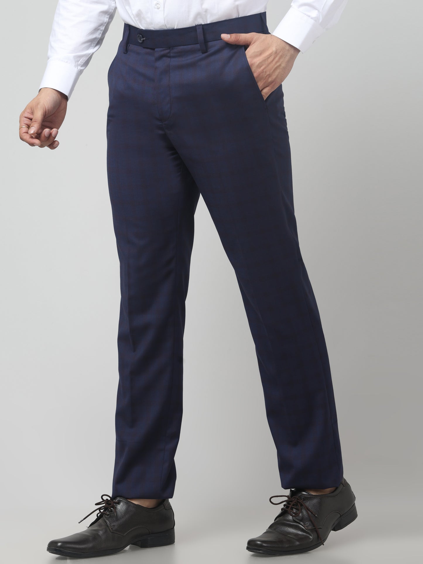 Men Blue Checked Regular Fit Formal Trouser