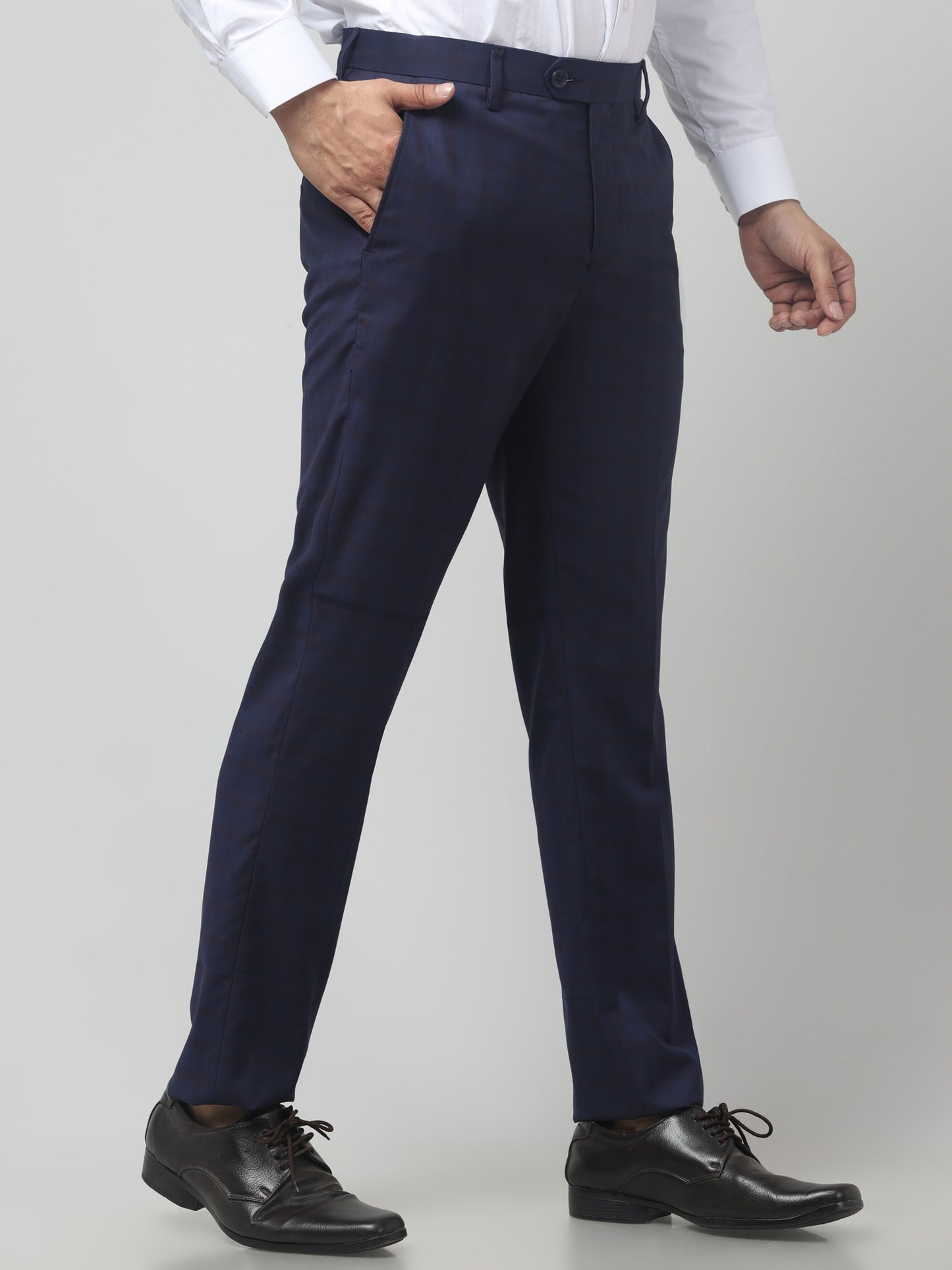 Men Blue Checked Regular Fit Formal Trouser