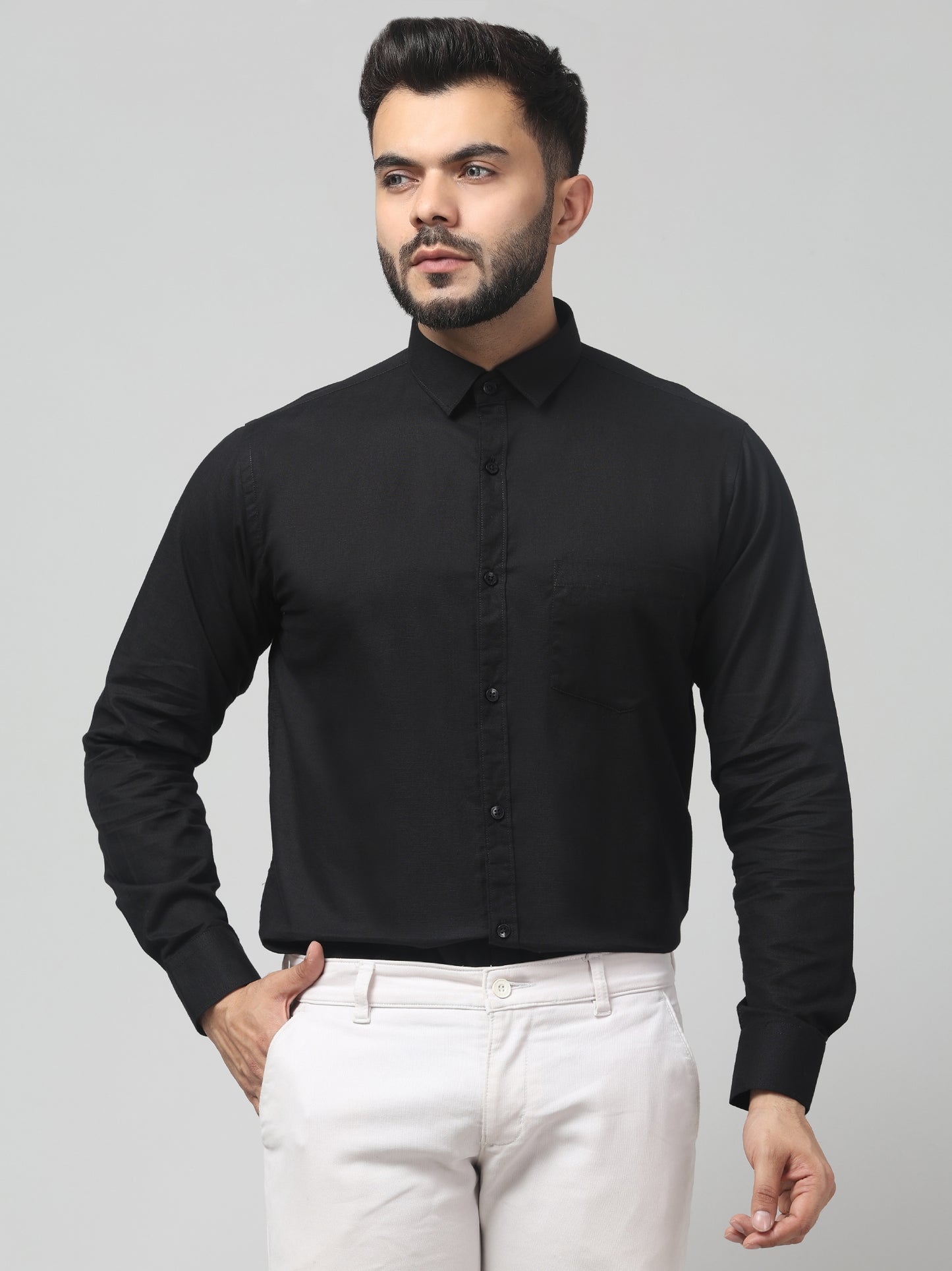 Men's Casual Black Solid Print Full Sleeve Shirt