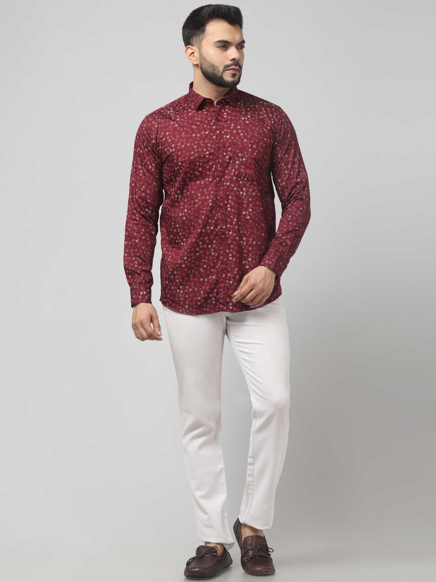 Men's Casual Maroon Floral Print Full Sleeve Shirt