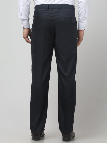 Men's Blue Self Design Regular Fit Formal Trouser
