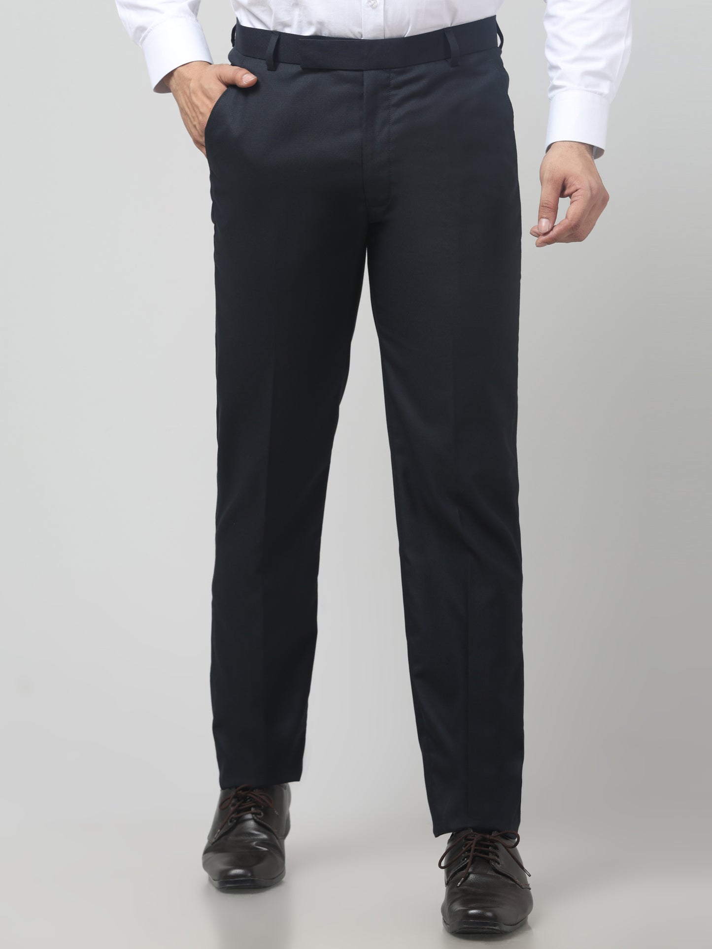 Men's Blue Self Design Regular Fit Formal Trouser