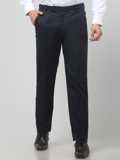 Men's Blue Self Design Regular Fit Formal Trouser
