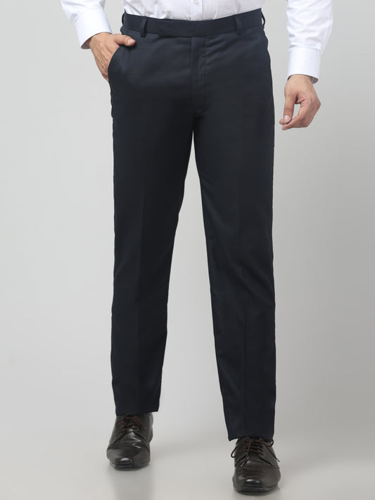 Men's Blue Self Design Regular Fit Formal Trouser