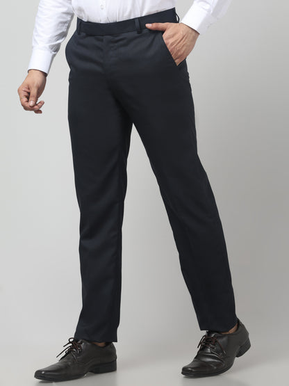 Men's Blue Self Design Regular Fit Formal Trouser