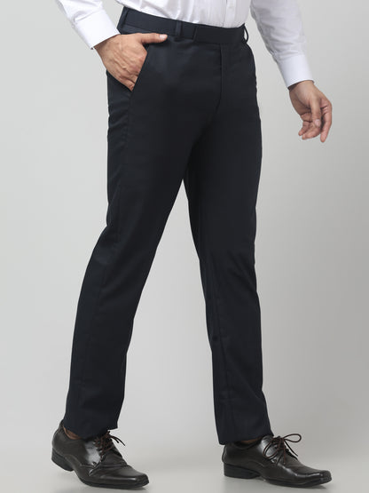 Men's Blue Self Design Regular Fit Formal Trouser