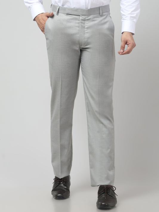 Men's Gray Self Design Regular Fit Formal Trouser