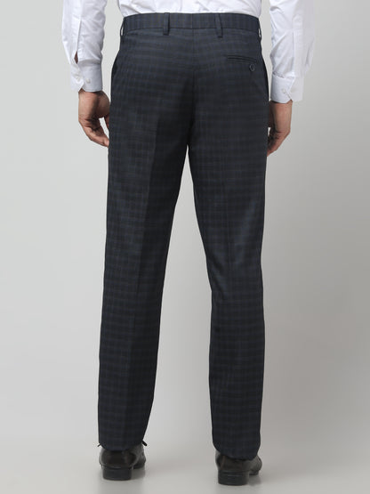 Men's Navy Blue Checked Regular Fit Formal Trouser
