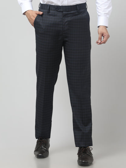 Men's Navy Blue Checked Regular Fit Formal Trouser