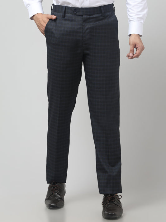 Men's Navy Blue Checked Regular Fit Formal Trouser