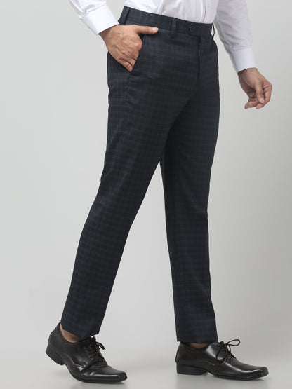 Men's Navy Blue Checked Regular Fit Formal Trouser