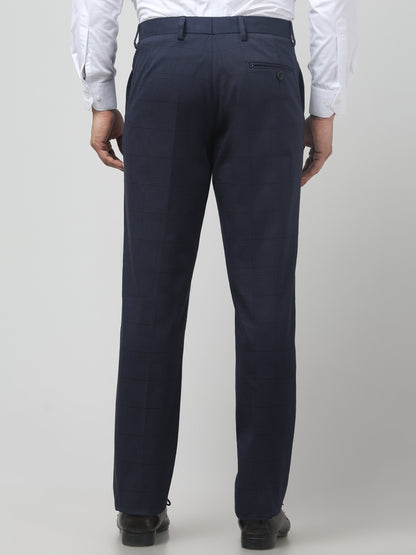 Men's Dark Blue Checked Regular Fit Formal Trouser