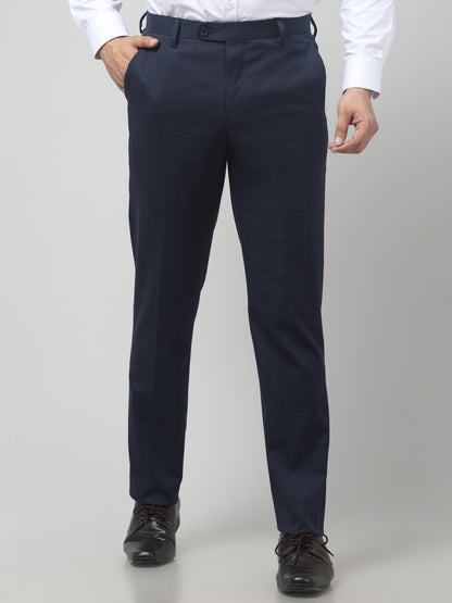 Men's Dark Blue Checked Regular Fit Formal Trouser
