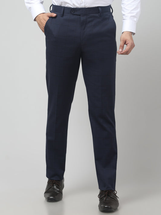 Men's Dark Blue Checked Regular Fit Formal Trouser