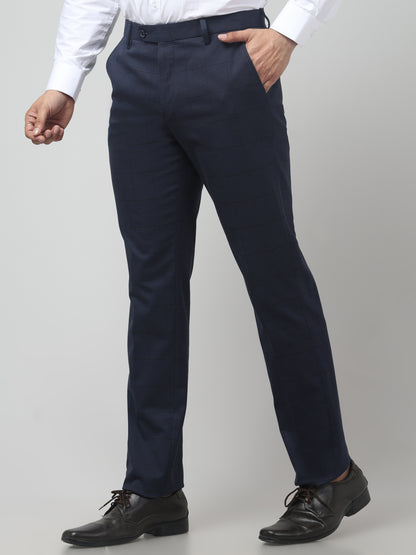 Men's Dark Blue Checked Regular Fit Formal Trouser