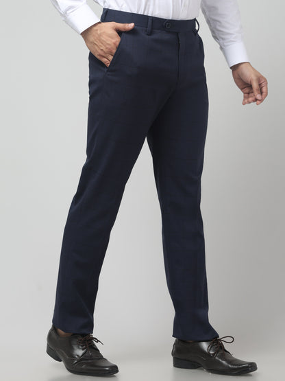 Men's Dark Blue Checked Regular Fit Formal Trouser