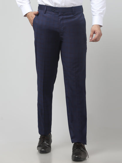 Men Blue Checked Regular Fit Formal Trouser