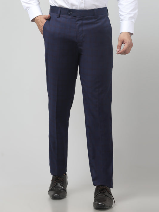 Men Blue Checked Regular Fit Formal Trouser
