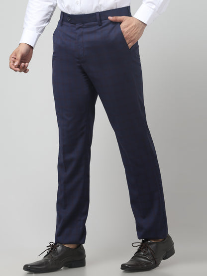 Men Blue Checked Regular Fit Formal Trouser