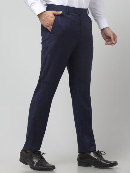 Men Blue Checked Regular Fit Formal Trouser