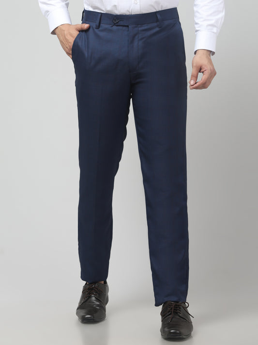Men's Blue Checked Regular Fit Formal Trouser